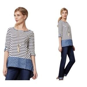 Anthropologie S Postmark Fairley Striped Polka Dot Tunic Top Boho Mod Retro Blue